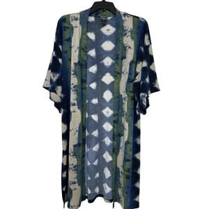 Clara Sun Woo Medium Shibori Kimono Duster Cardigan Blue Green Made USA Artsy
